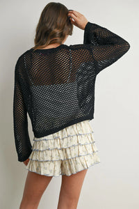 Elegant long sleeve see-through black mesh crochet cropped cardigan