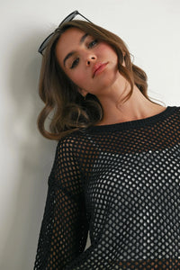 Elegant long sleeve see-through black mesh knit top with round neckline