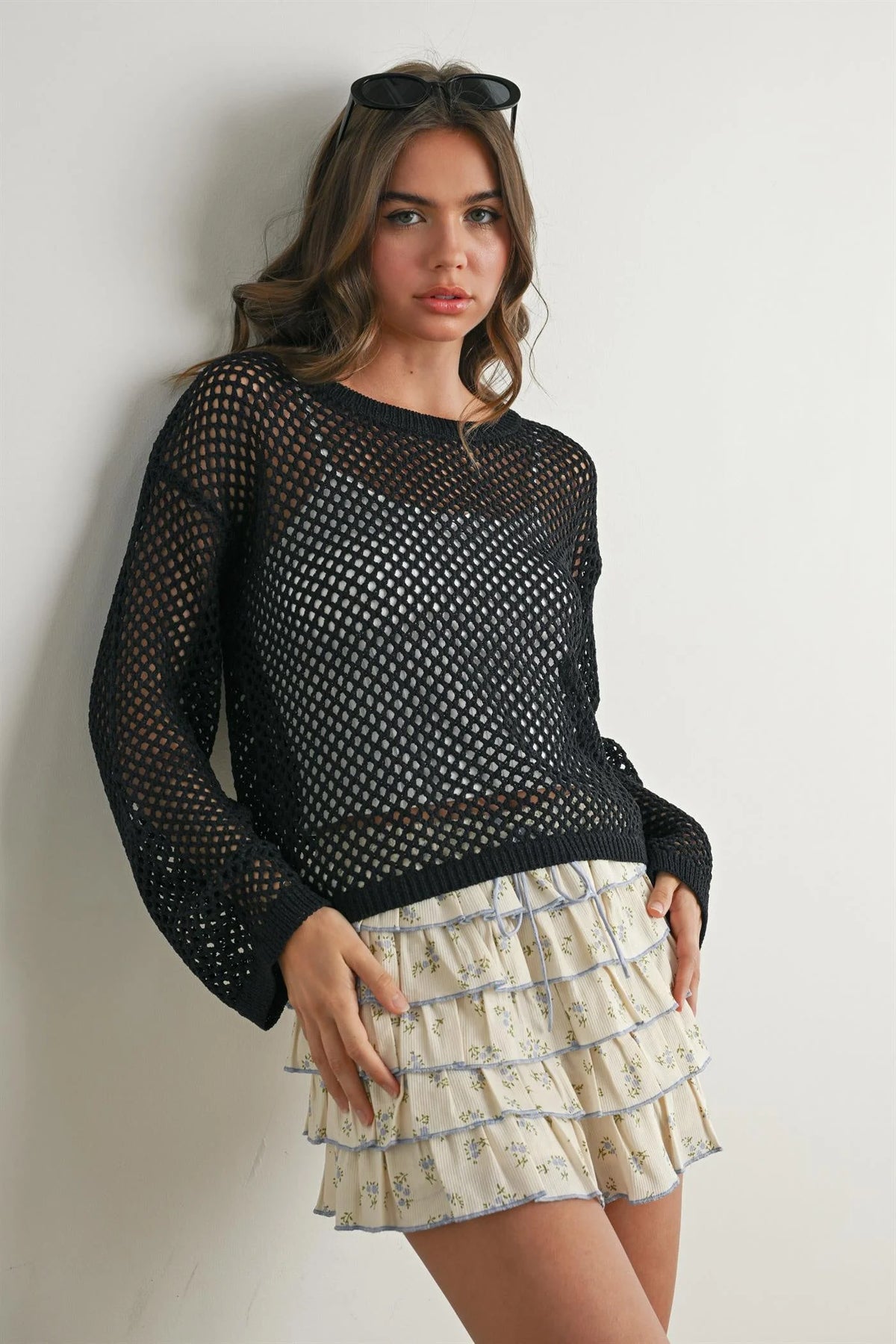Elegant long sleeve see-through black mesh knit sweater with round neckline