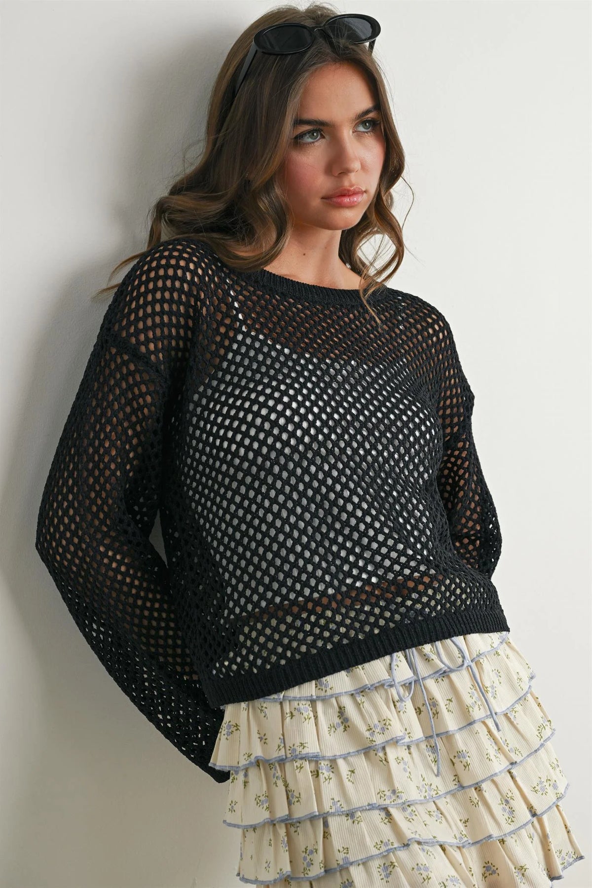 Elegant long sleeve see-through black mesh knit sweater with round neckline