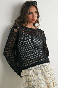 Elegant long sleeve see-through black mesh knit sweater with round neckline