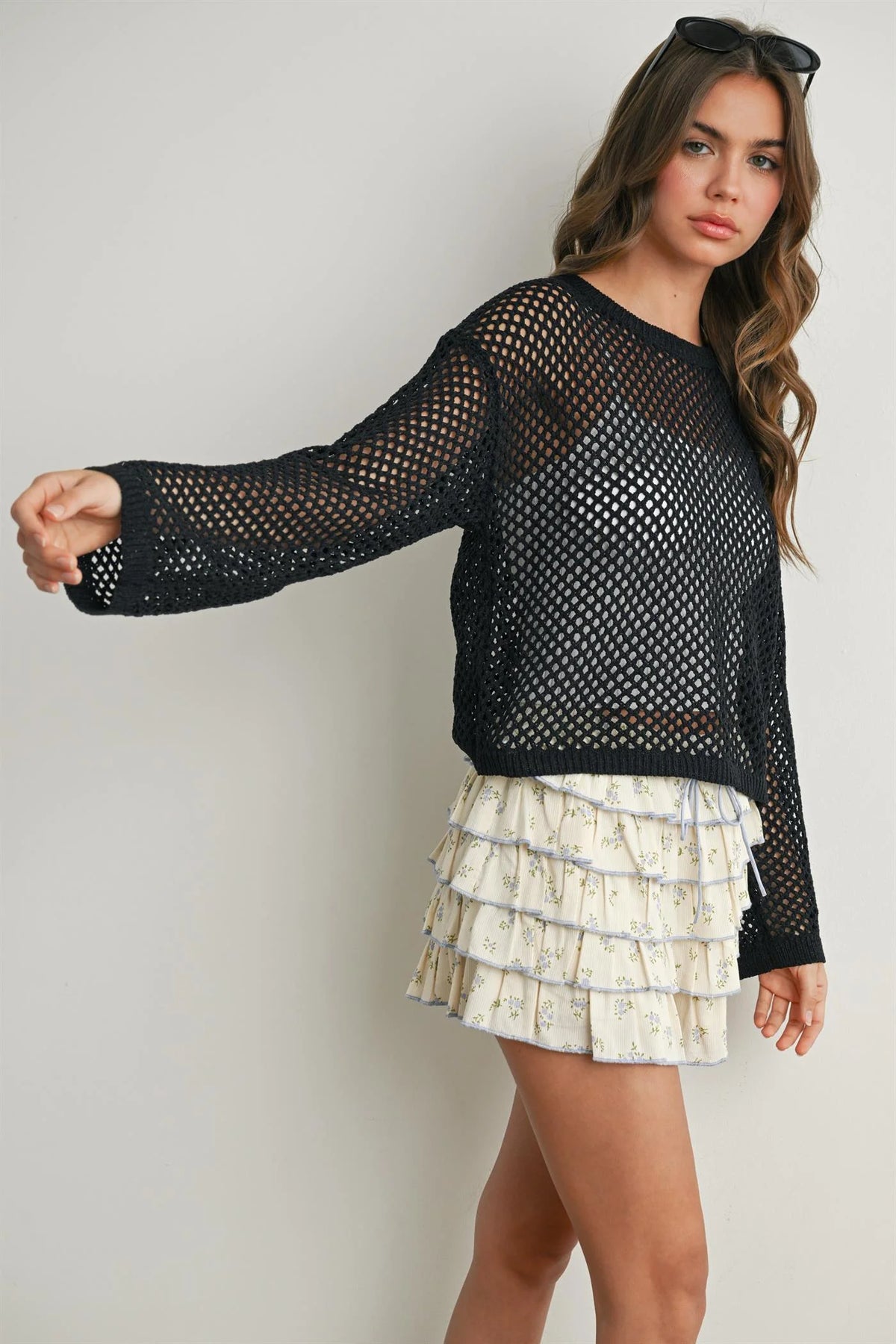 Elegant long sleeve see-through top in black mesh with round neckline