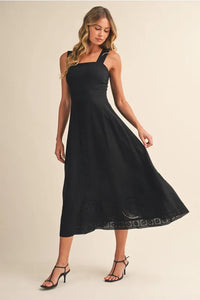 Black embroidered lace sleeveless empire midi dress with square neckline thin straps and eyelet embroidery hem