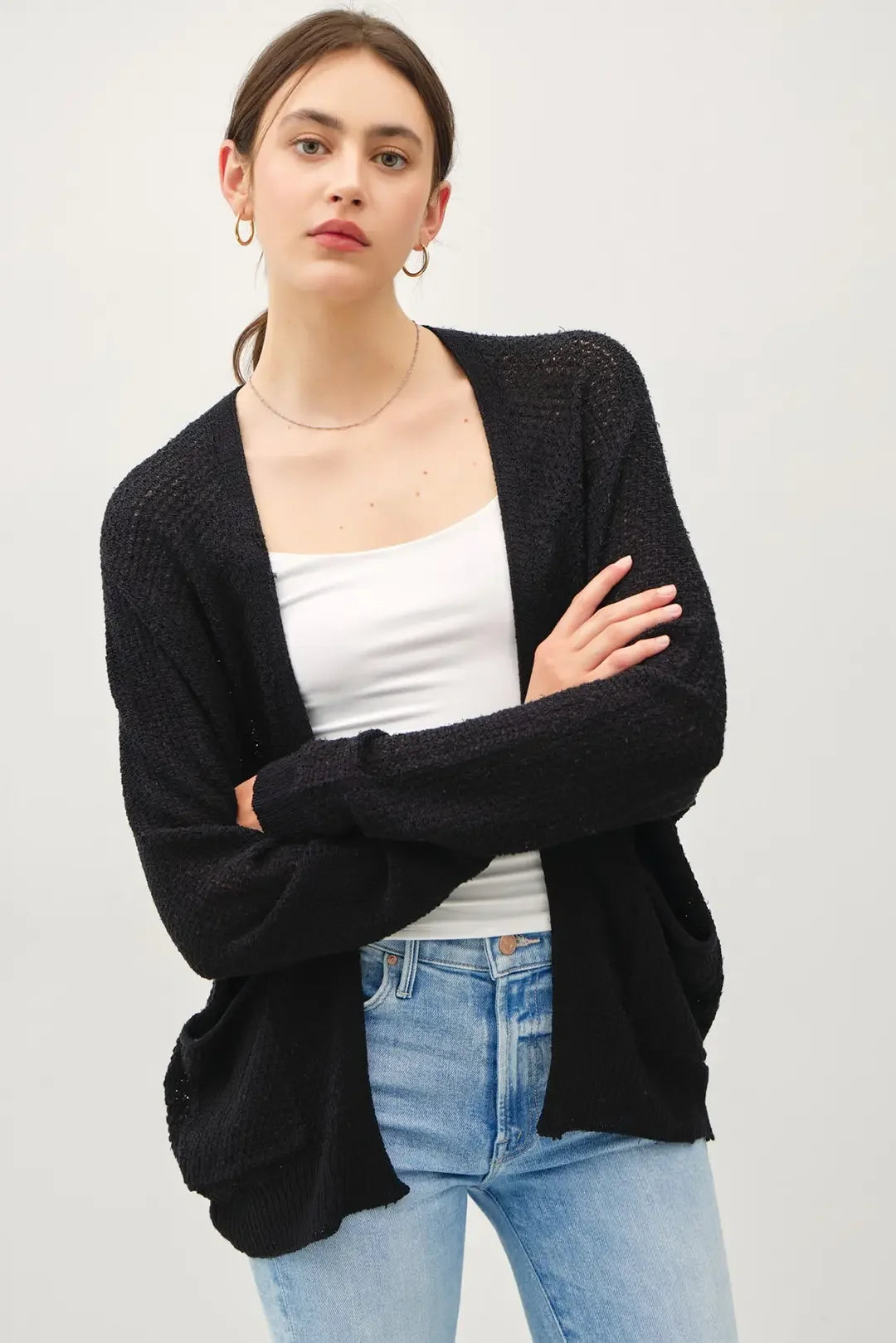 Black cropped kimono crochet cardigan in textured knit with frayed hem
