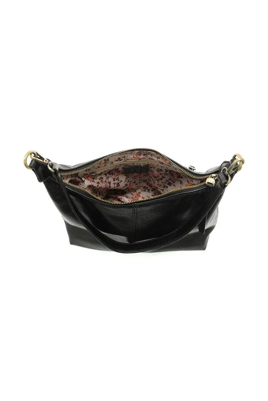 Danna top zip crossbody black patent leather bag with gold-tone hardware and floral interior lining for women’s boho chic clothing