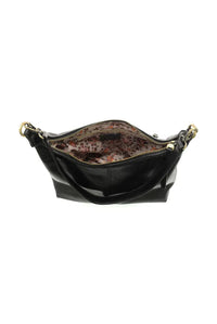 Danna top zip crossbody black patent leather bag with gold-tone hardware and floral interior lining for women’s boho chic clothing