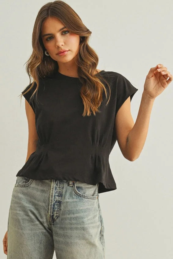 Black round neck waist detailed cap sleeve peplum top