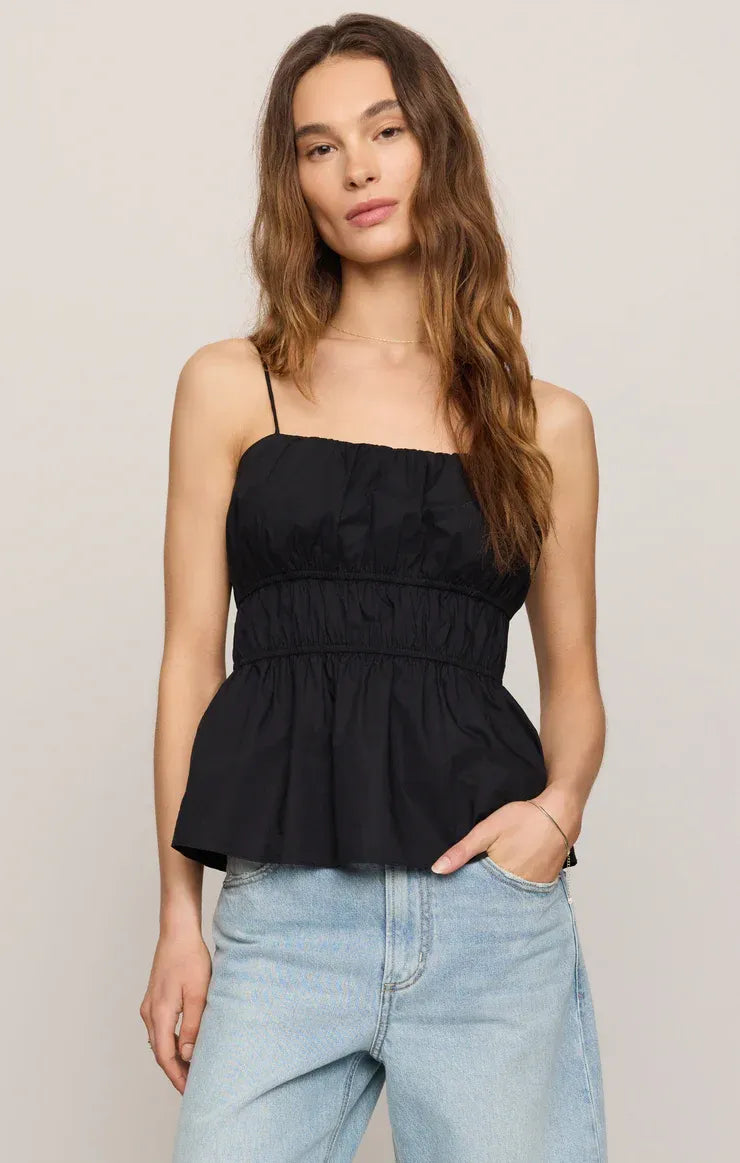 Black adele back tie top with thin spaghetti straps and gathered waistband from shop daisy womens boho clothes