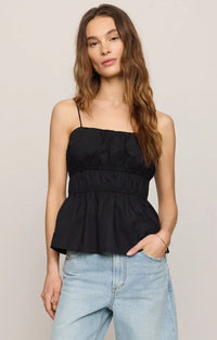 Black adele back tie top with thin spaghetti straps and gathered waistband from shop daisy womens boho clothes