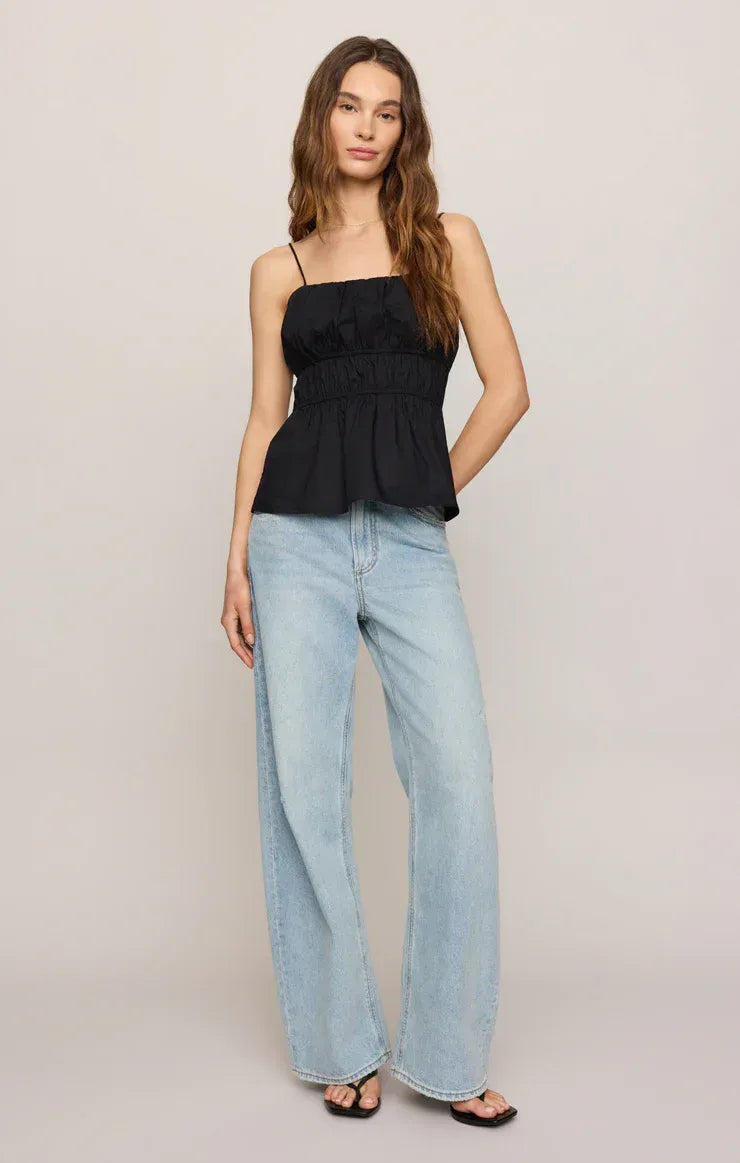 Black Adele back tie top with thin straps and gathered waistband for women’s boho chic clothing at Shop Daisy