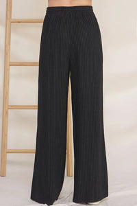 Black pinstripe linen smock wide-leg smock waist pants with elastic waistband for comfortable wear
