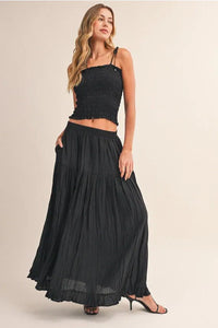 Black pleated maxi skirt with smocking tie straps sleeveless top