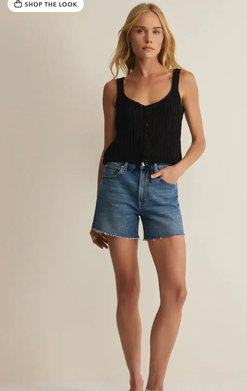 Black ribbed knit tate laceup sweater tank with button front featuring a stylish laceup sweater tank design