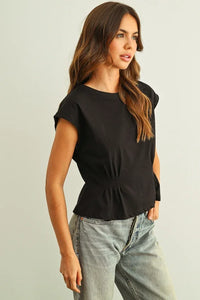 Black round neck waist detailed cap sleeve peplum top