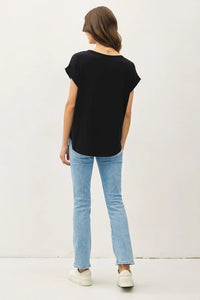 Black bamboo round neck cap sleeve basic top with relaxed fit and short sleeves for casual wear