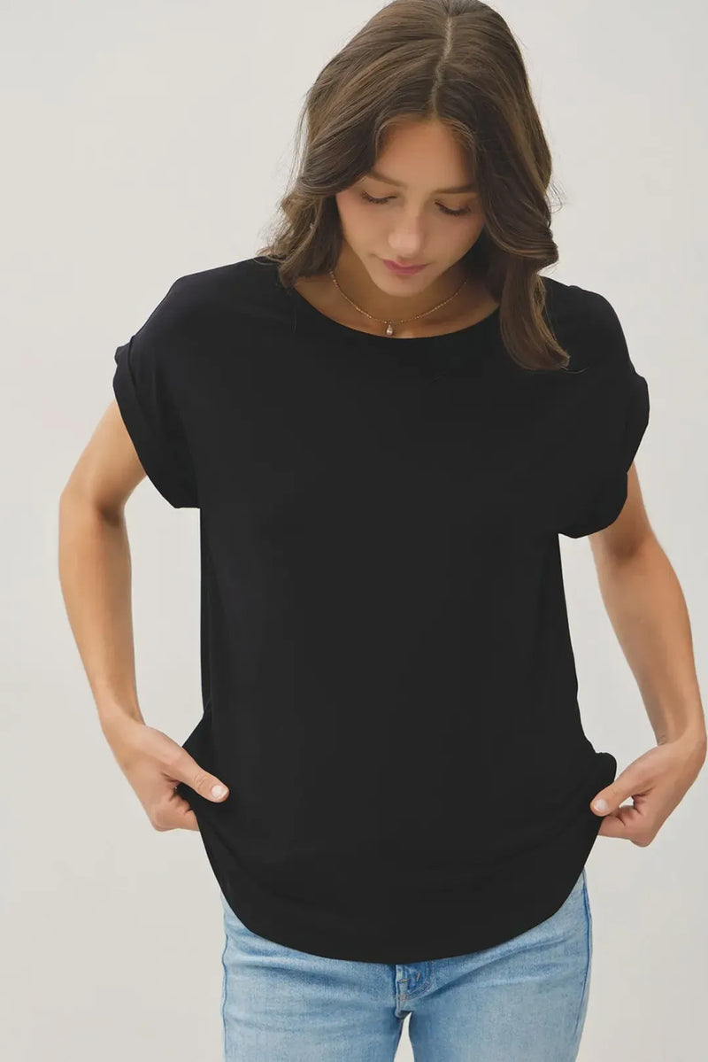 Black bamboo round neck cap sleeve loose fitting top with rounded neckline and slightly flared hem