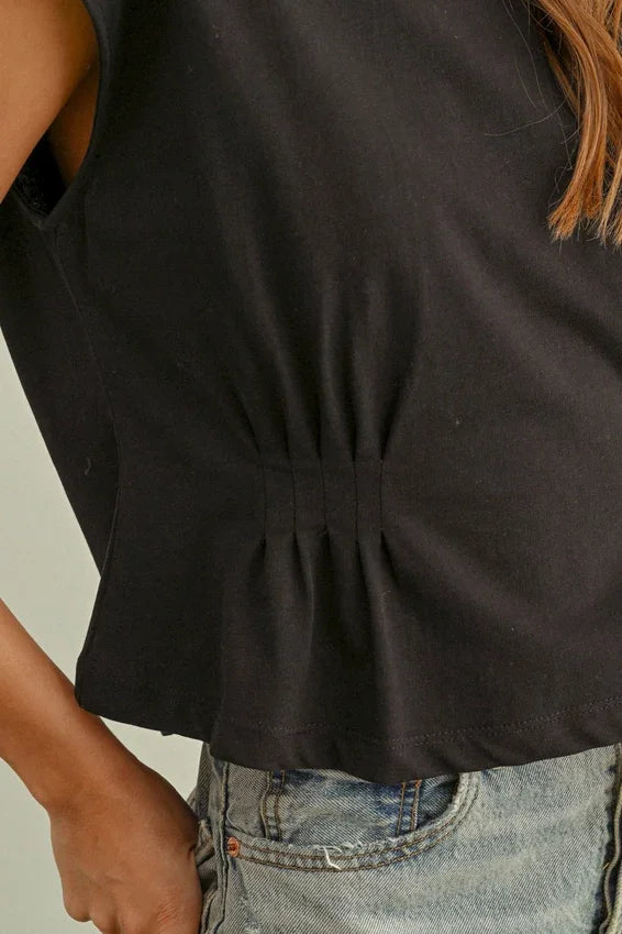 Black round neck waist detailed cap sleeve top with pleats