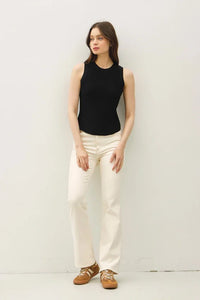 Black fitted ribbed tank top in sleeveless knit design