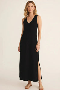 Black casual v-neck midi dress with sleeveless maxi design and side slit