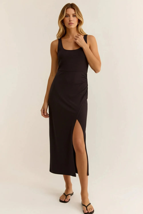 Black sleeveless fitted midi dress with square neckline and high side slit