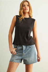 Black sleeveless cotton round neck top with relaxed fit and faded texture