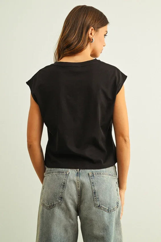 Black round neck waist detailed cap sleeve top