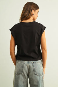 Black round neck waist detailed cap sleeve top