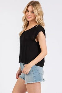 Black woven round neck boxy top with sleeveless design and soft flowing fabric for relaxed fit wear
