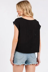 Black woven round neck boxy top with sleeveless design, relaxed fit, and slightly sheer woven round fabric