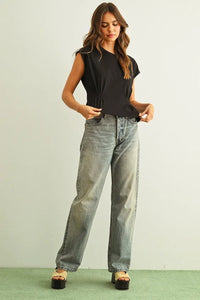 Black round neck waist detailed cap sleeve top with ruched waist