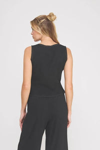 Black sleeveless front ties lace detail linen blend top with scalloped edge for women’s boho chic clothing