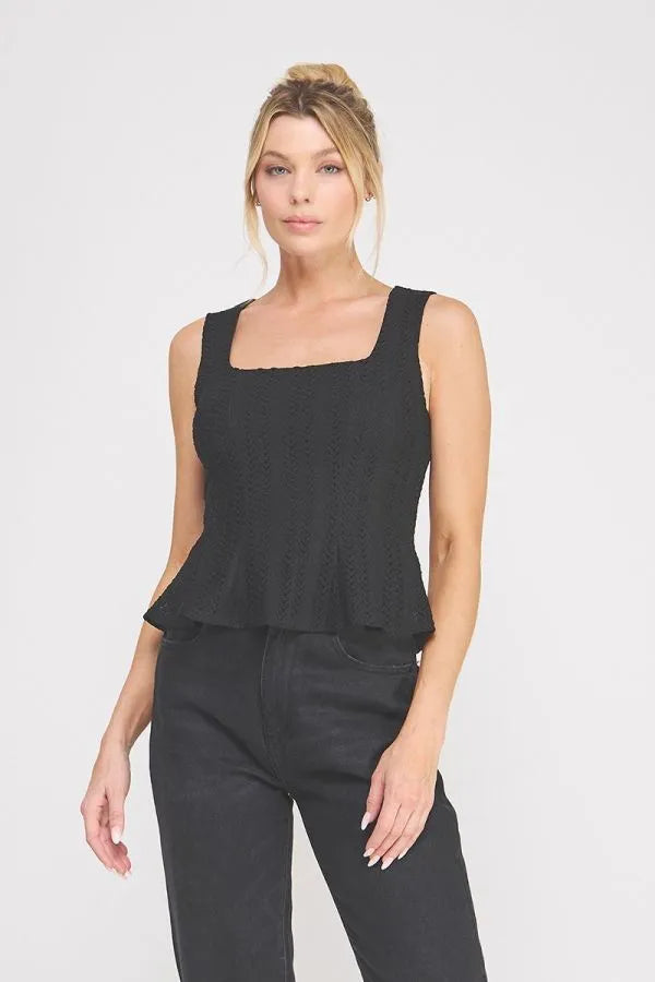 Black sleeveless square neck zig zag blouse with peplum hem ideal for stylish casual and formal wear