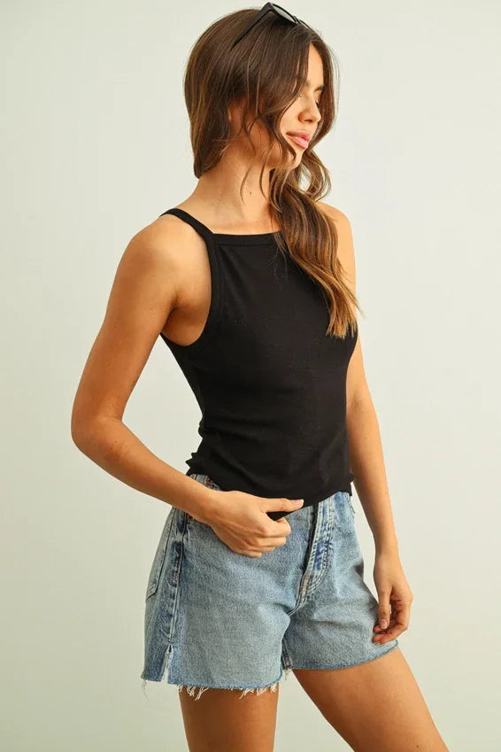 Black ribbed tank top with square neckline for women’s boho chic clothing