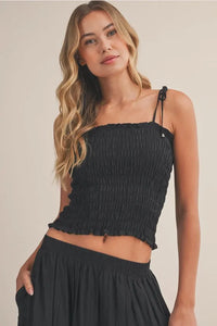 Black smocking tie straps sleeveless top with ruffled hem