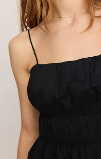 Black spaghetti strap dress with ruched bodice and gathered waistband for womens boho clothes by shop daisy