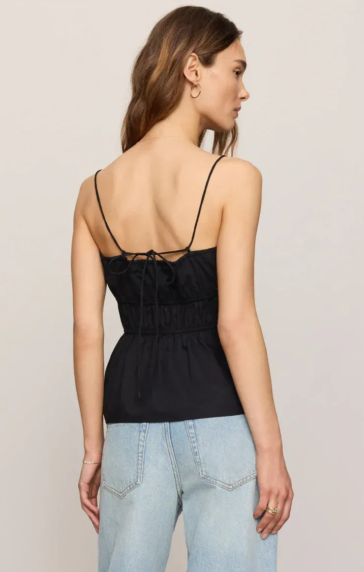 Black Adele back tie top with gathered waist and strap detail shown from back for women’s boho chic clothing by Shop Daisy