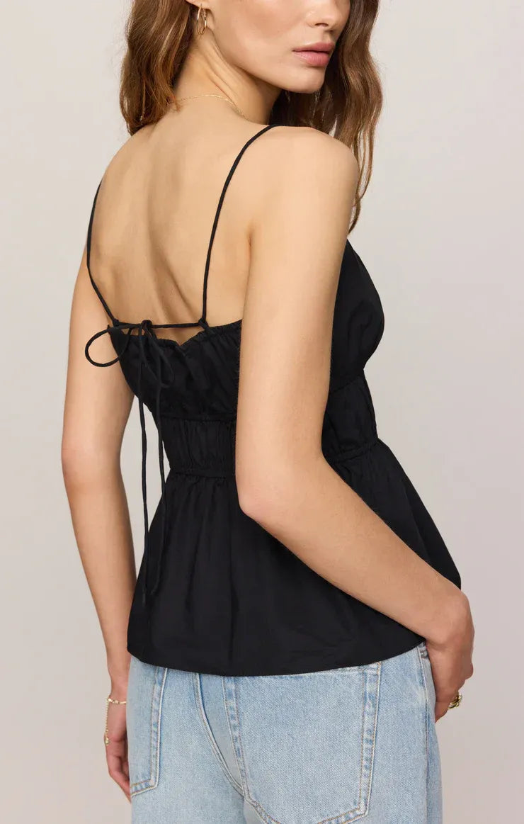 Black spaghetti strap peplum ADELE back tie top showing tied back detail for womens boho clothes at shop daisy