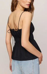 Black spaghetti strap peplum ADELE back tie top showing tied back detail for womens boho clothes at shop daisy
