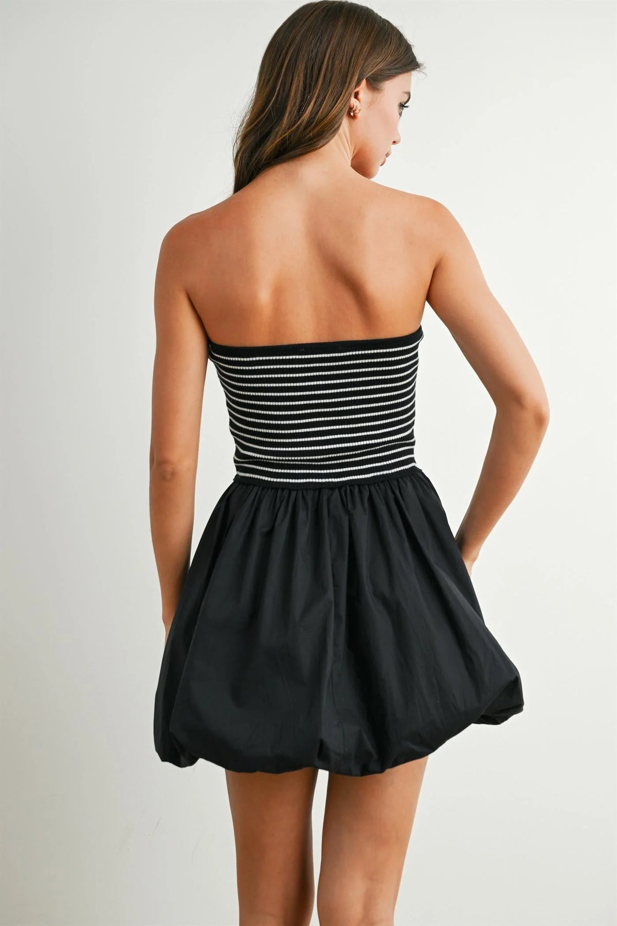 Black strapless bubble hem mini dress with striped bodice and puffed skirt