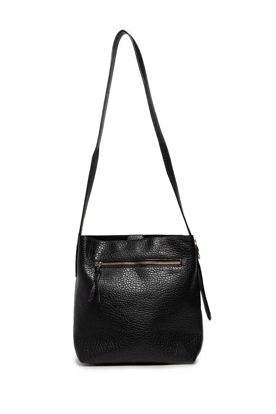 Black textured leather andie 2 in 1 bucket crossbody bag with gold-toned zipper and matching strap highlighting bag features