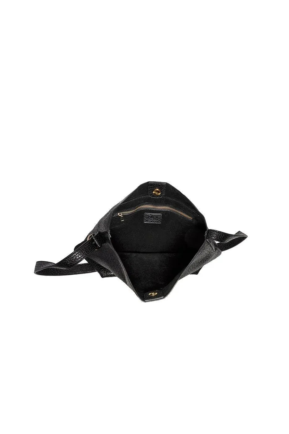 Black textured leather andie 2 in 1 bucket crossbody bag with gold-tone hardware and interior zip pocket bag features