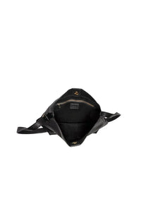 Black textured leather andie 2 in 1 bucket crossbody bag with gold-tone hardware and interior zip pocket bag features
