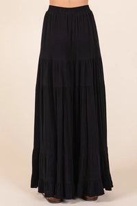Black tiered flowy elastic waist lined maxi skirt with lightweight fabric and delicate ruffled hem