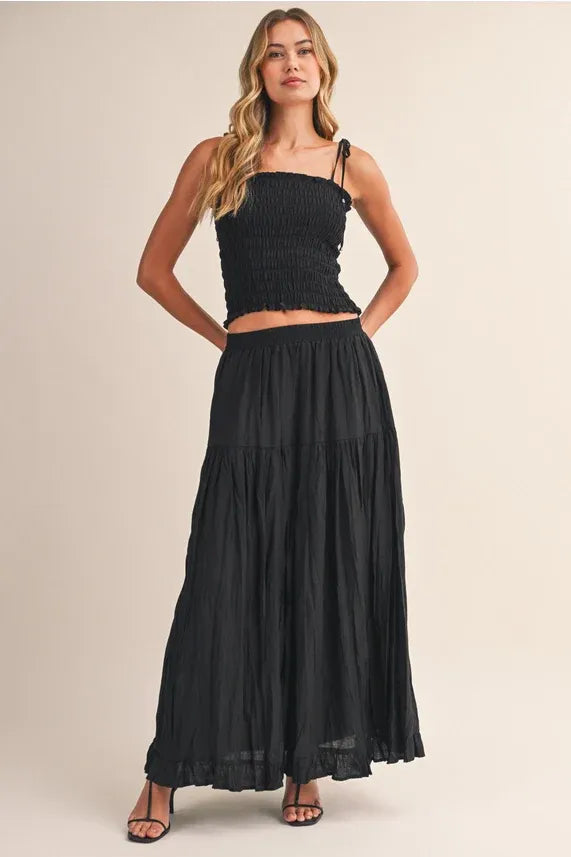 Black tiered maxi skirt with smocking tie straps sleeveless top
