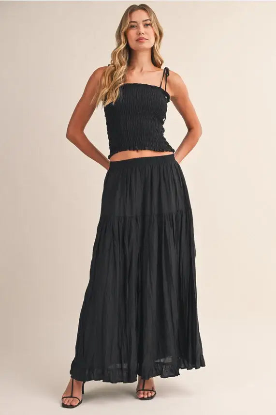 Black tiered maxi skirt with smocking tie straps sleeveless top