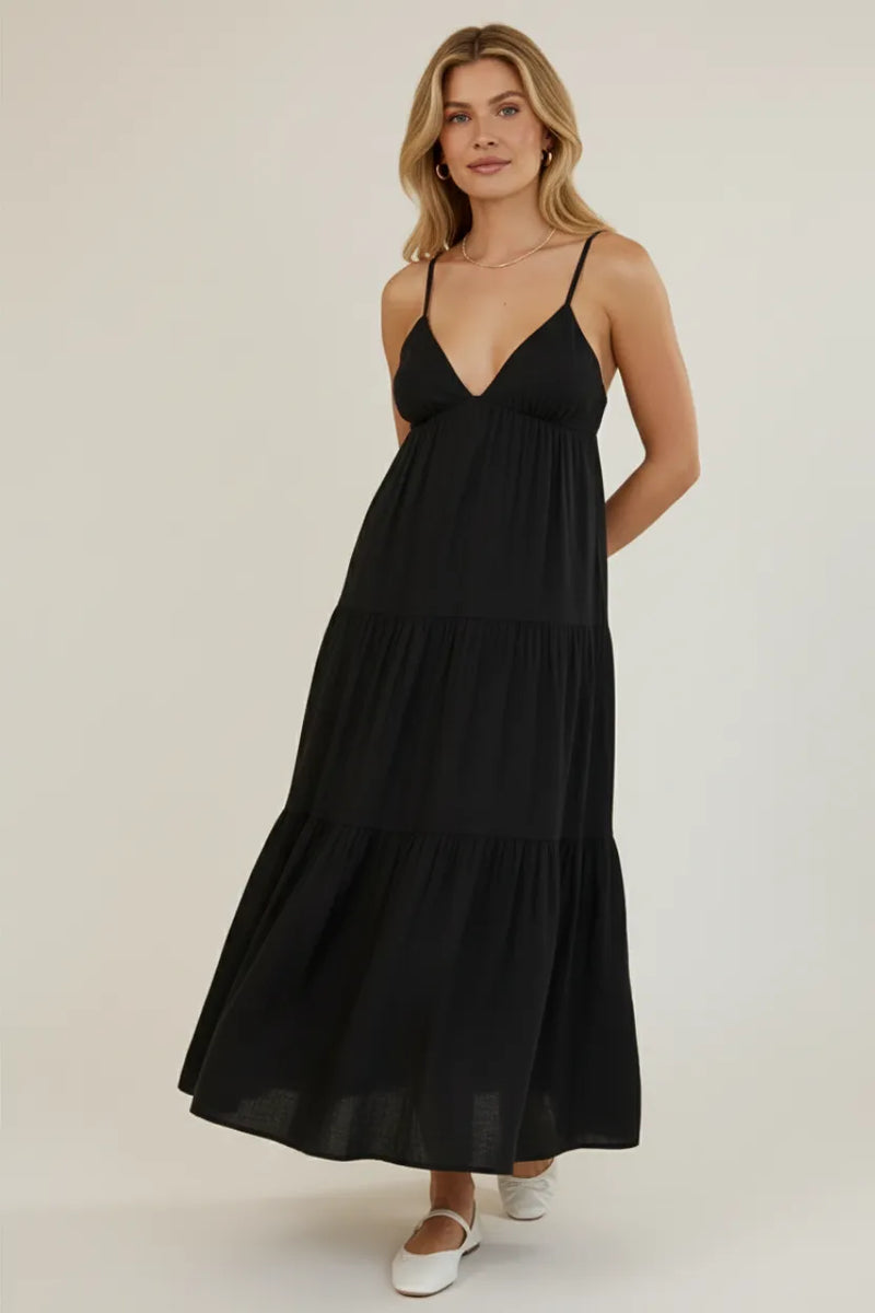Black spaghetti strap tiered maxi dress with v-neckline