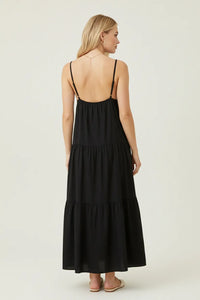 Black spaghetti strap tiered maxi dress with backless design