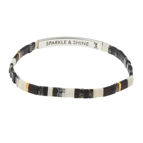 Good karma miyuki bracelet with black and white japanese glass miyuki beads gold accents and engraved silver band by sori