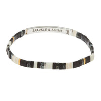 Good karma miyuki bracelet with black and white japanese glass miyuki beads gold accents and engraved silver band by sori