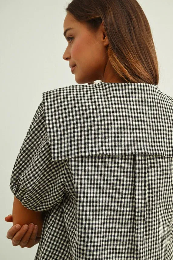 Gingham short sleeve tie front top in black and white gingham check with a wide structured collar